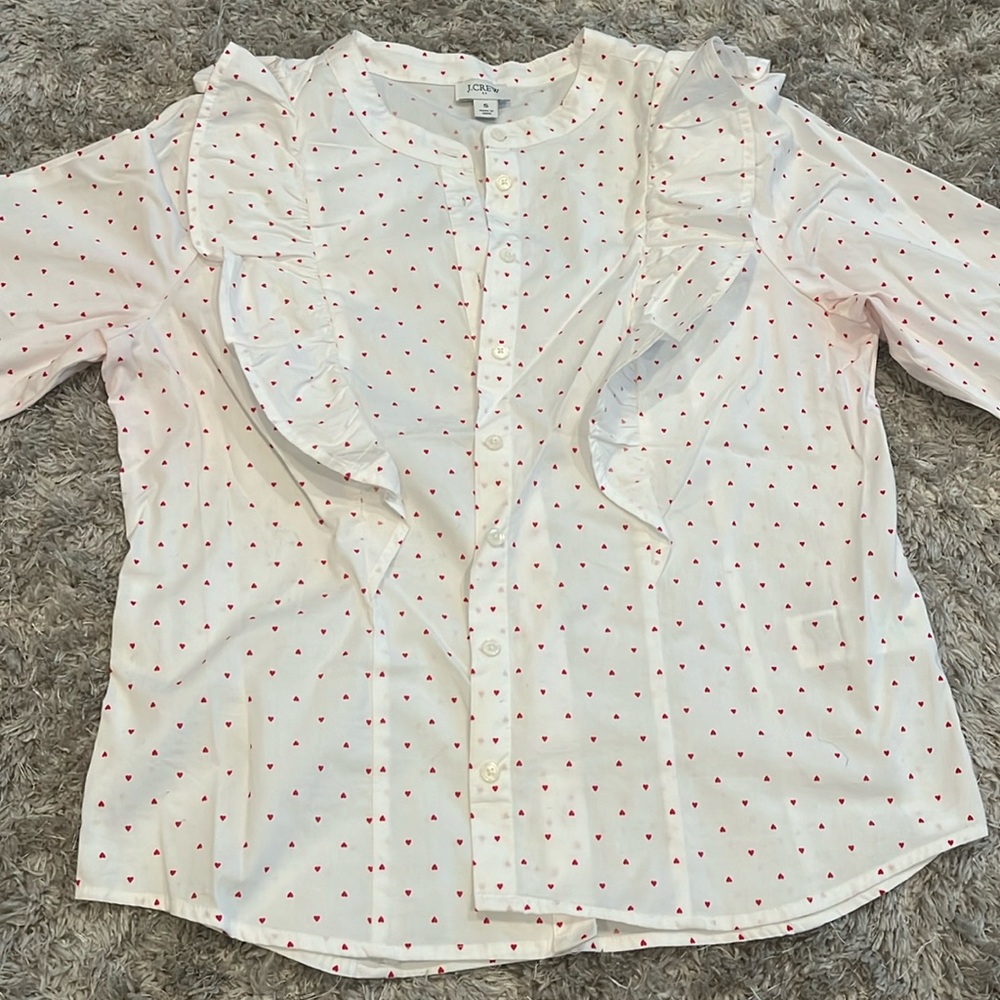 JCrew factory white ruffle button shirt with red hearts ❤️